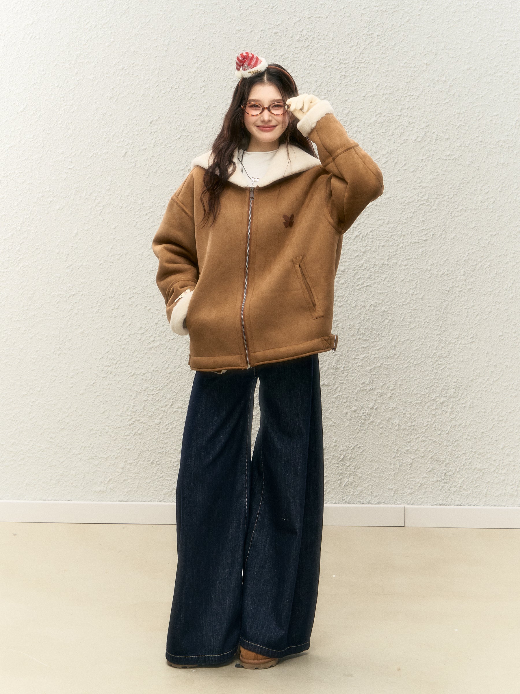 Women's winter warm thick fur coat, warm fur collar, top designed with suede ELEVEN SLEEP