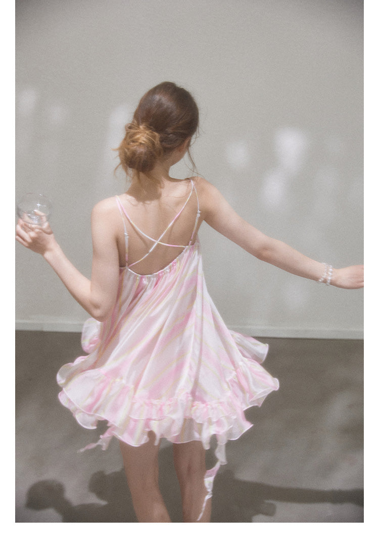 "Liuli Tangyu" Short, ruffled pinafore dress in a resort style, featuring a neon ombre Callmelater design.