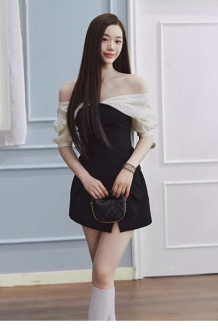 LaLuneDuCiel Two-piece shirt without shoulder straps, puffed sleeves, tight fit, sweet and gentle design for women