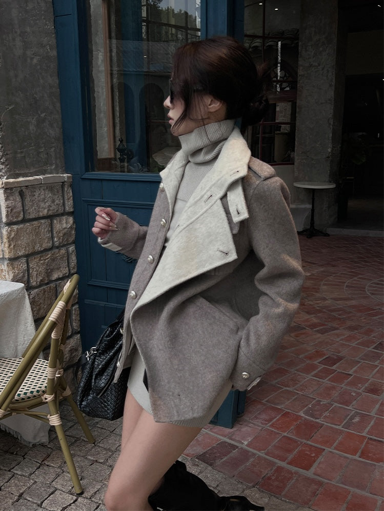 Hytemoly wool blend double-sided contrast wool coat classic loose fit, loose and airy short woolen tweed coat