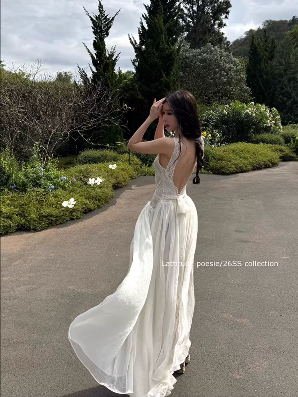 LATTITUDE Light amber maxi dress, lace, open back, thin straps
