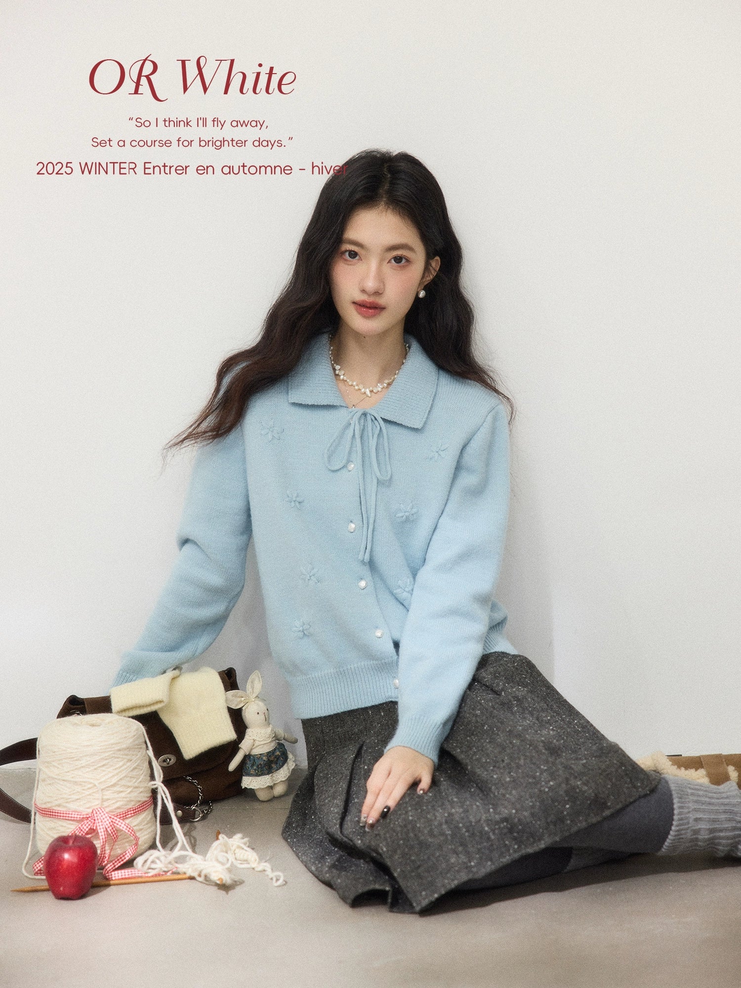 ORWHITE Women's winter knitted wool coat with bow decoration French collar