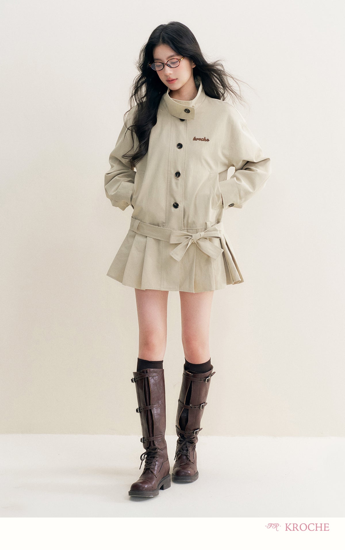 KROCHE 25aw Geek Chic cotton trench coat with stand collar and appliqué embroidery