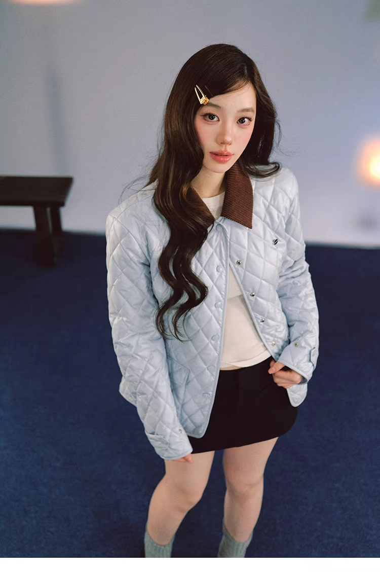 LaluneDuCiel Women's cotton jacket with diamond pattern, light, pearlescent, slim fit, color-coordinated collar, suitable for home wear.