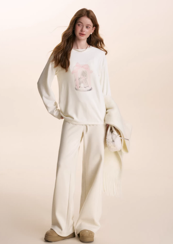 KROCHE Loose long-sleeved T-shirt, thick material, hand-painted Pony print, Kroche 25aw gift box.