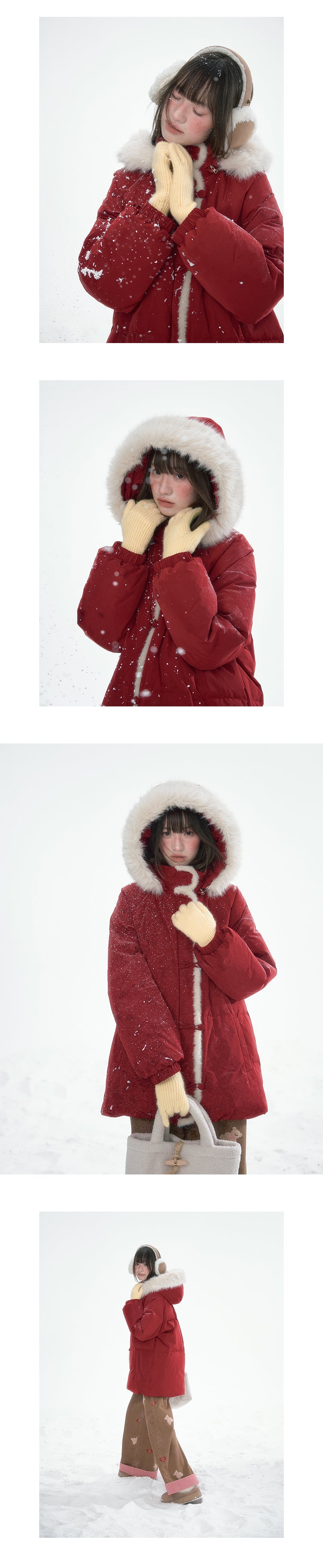 CANSTOREGIRLS New Winter Box Shop Christmas Women's Red Fur Collar Hooded Warm Coat 90% White Duck Down Coat