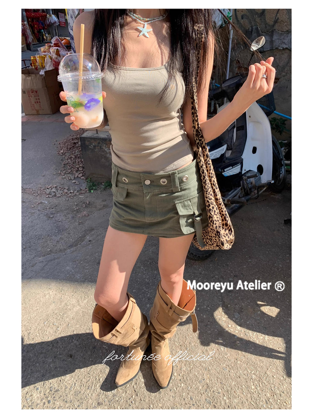 MOOREYU Women's knee high boots autumn winter 2025 women's khaki suede pointed toe boots thick heel thin pleated boots