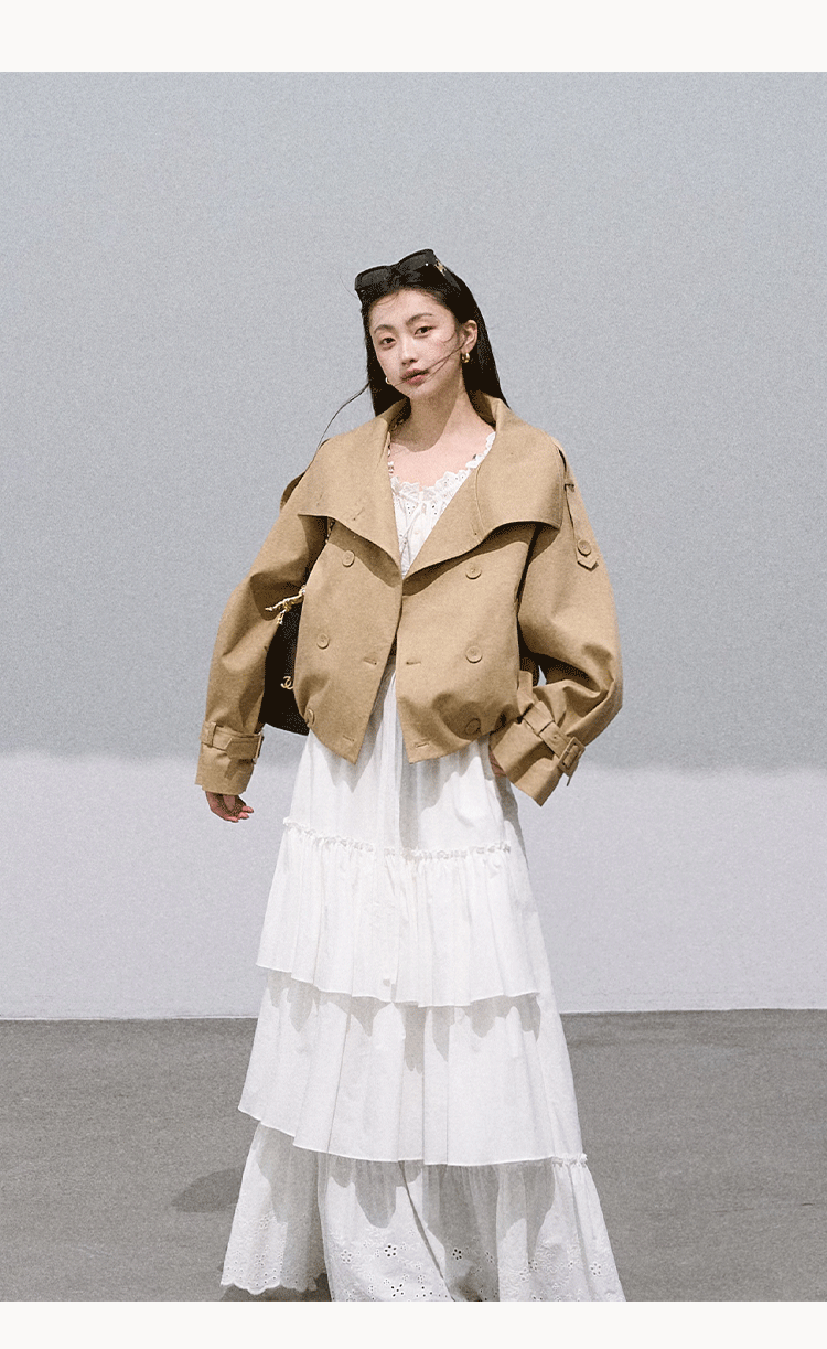 Oakmoo "Through the Oak Woods" Short Double-Breasted Lyocell Cotton Stand Collar Trench Coat