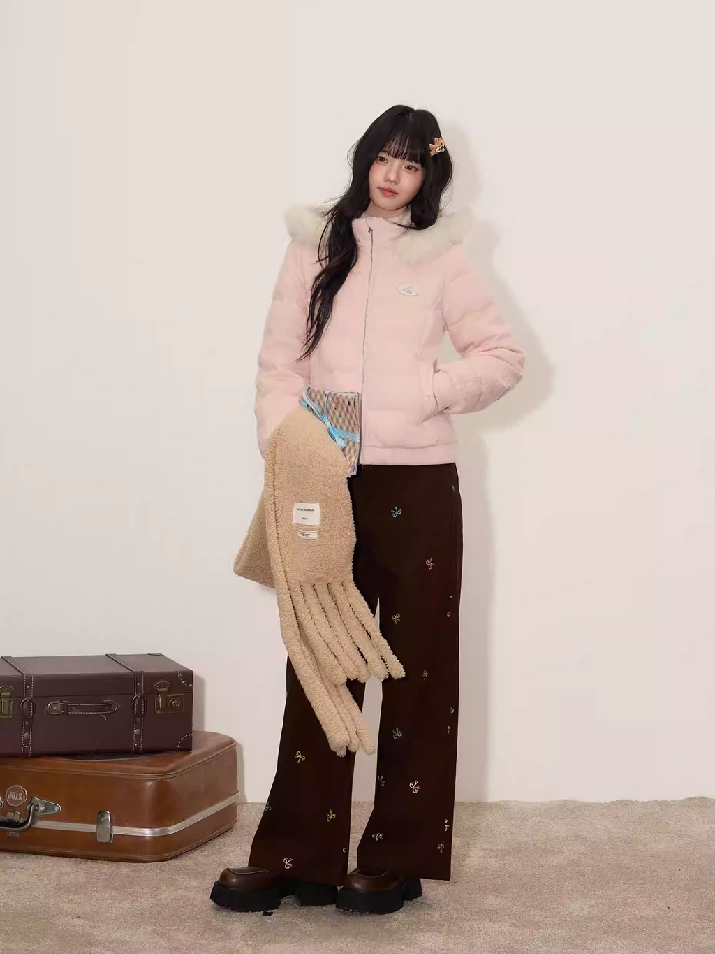 UMOUMO [90% white duck down] Soft and versatile Mushroom down jacket, cable knitted, multi-piece combination, hood, fur collar, slim waist.
