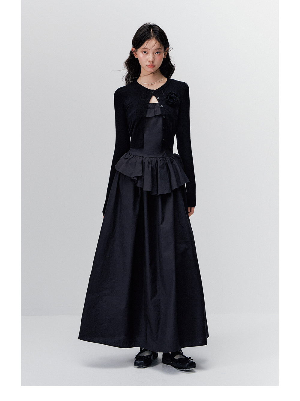 ANNATTO women's retro long-sleeved black rose pattern slim fit maxi dress