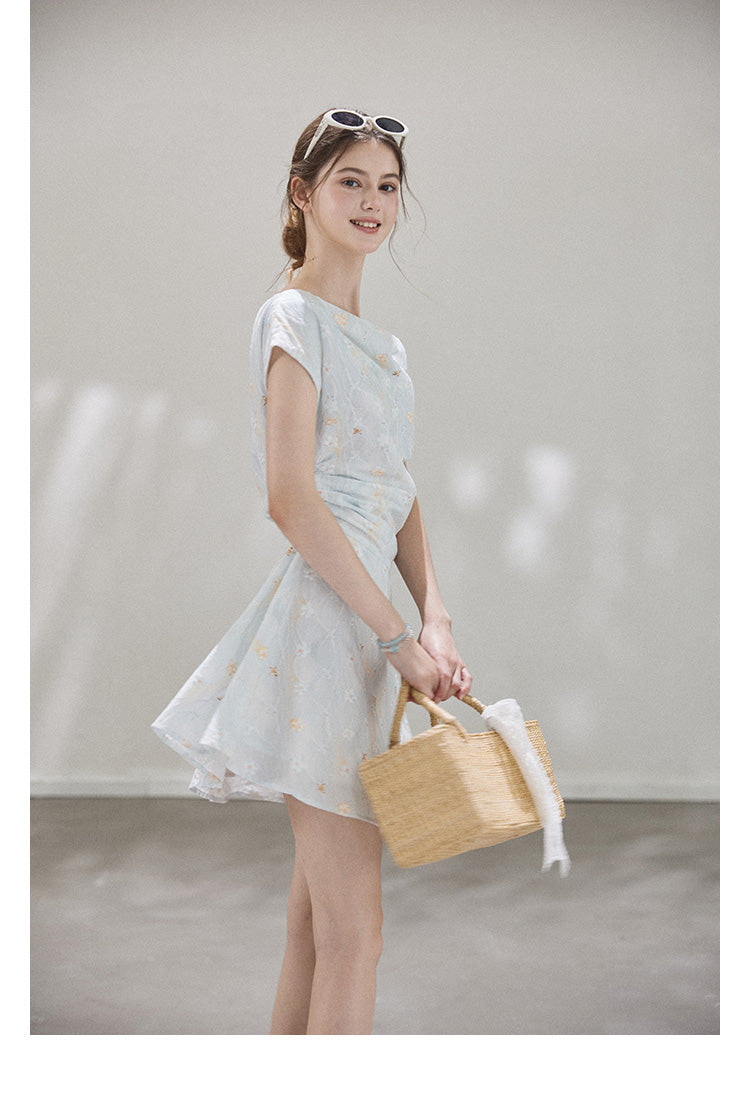 "Star Mist Hazy" Off-shoulder pleated floral print mini dress for women, summer Callmelater