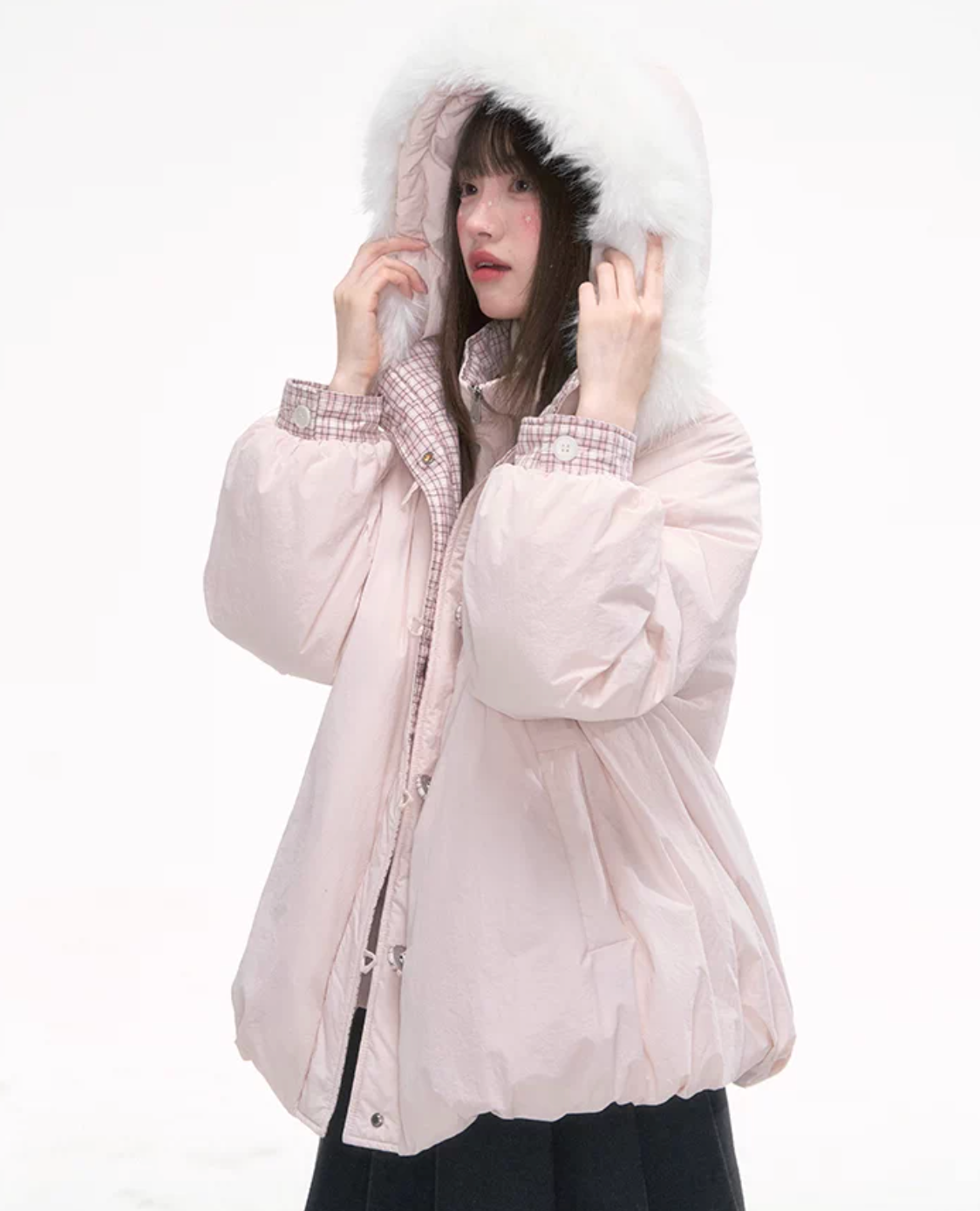 CANSTOREGIRLS "Snowy Reflections" two-piece winter coat by Canned Goods Store, 90% white faux down.