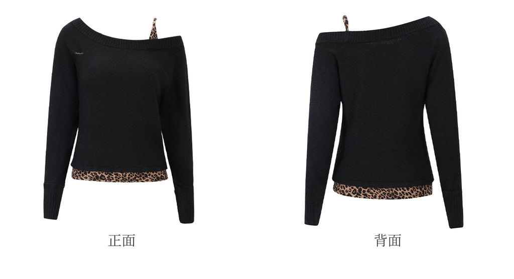 WEEKENDHUB レディース ワンショルダー ストラップレス 長袖 レオパード柄 ツーピース ニットセーター 柔らかく暖かい 秋