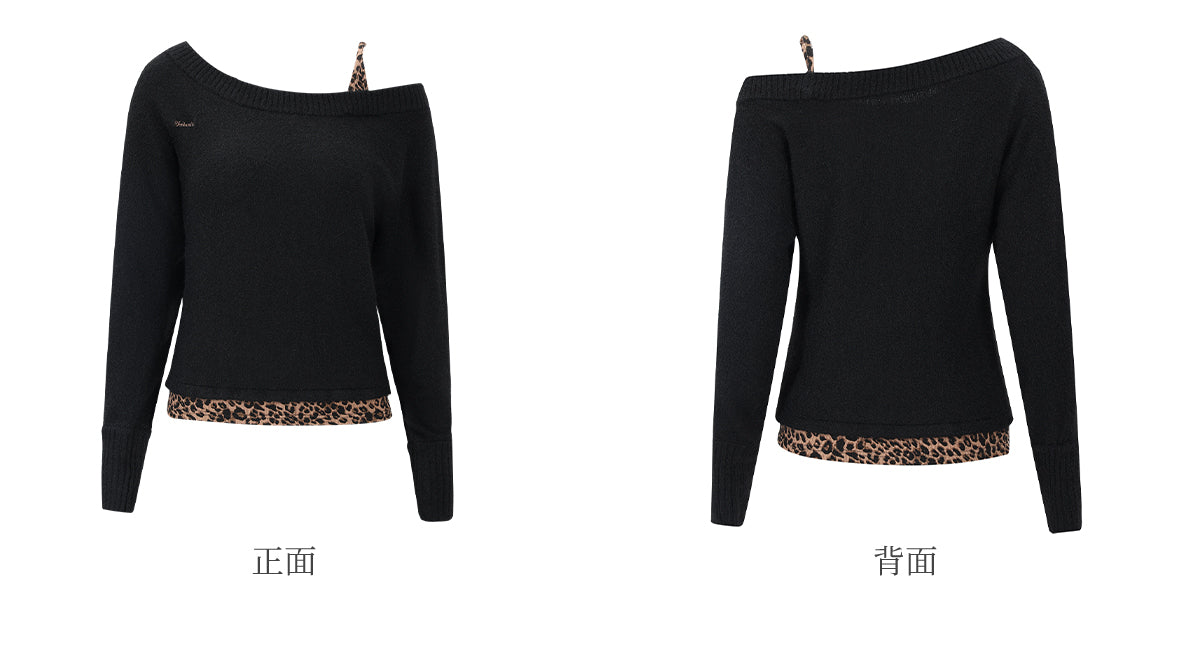 WEEKENDHUB レディース ワンショルダー ストラップレス 長袖 レオパード柄 ツーピース ニットセーター 柔らかく暖かい 秋
