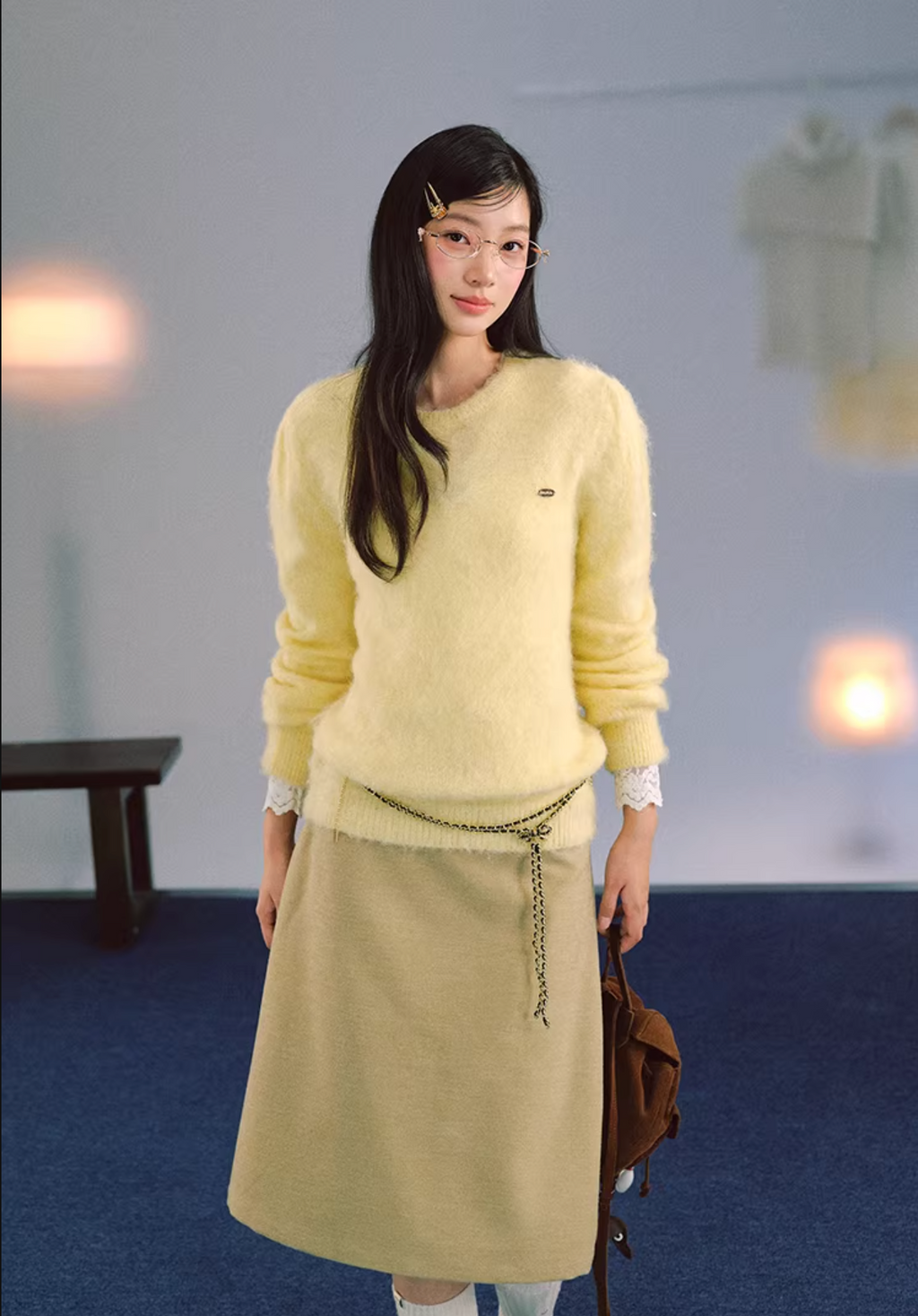 LaluneDuCiel Loose, lightweight round neck sweater with puffy sleeves, Night Dew and Dawn motifs