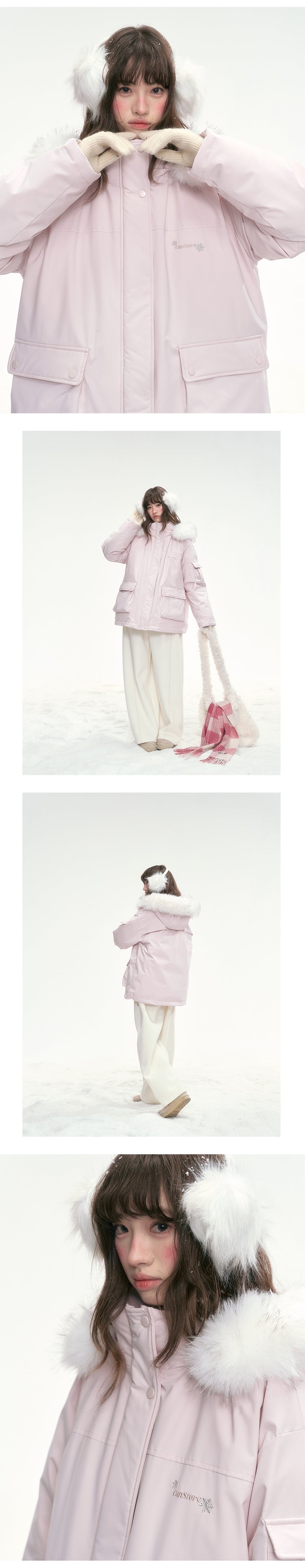 CANSTOREGIRLS Canned Goods Store 'Winter Love Song' Hooded Parka with Detachable Fur Collar, 90pcs White Duck Down Jacket