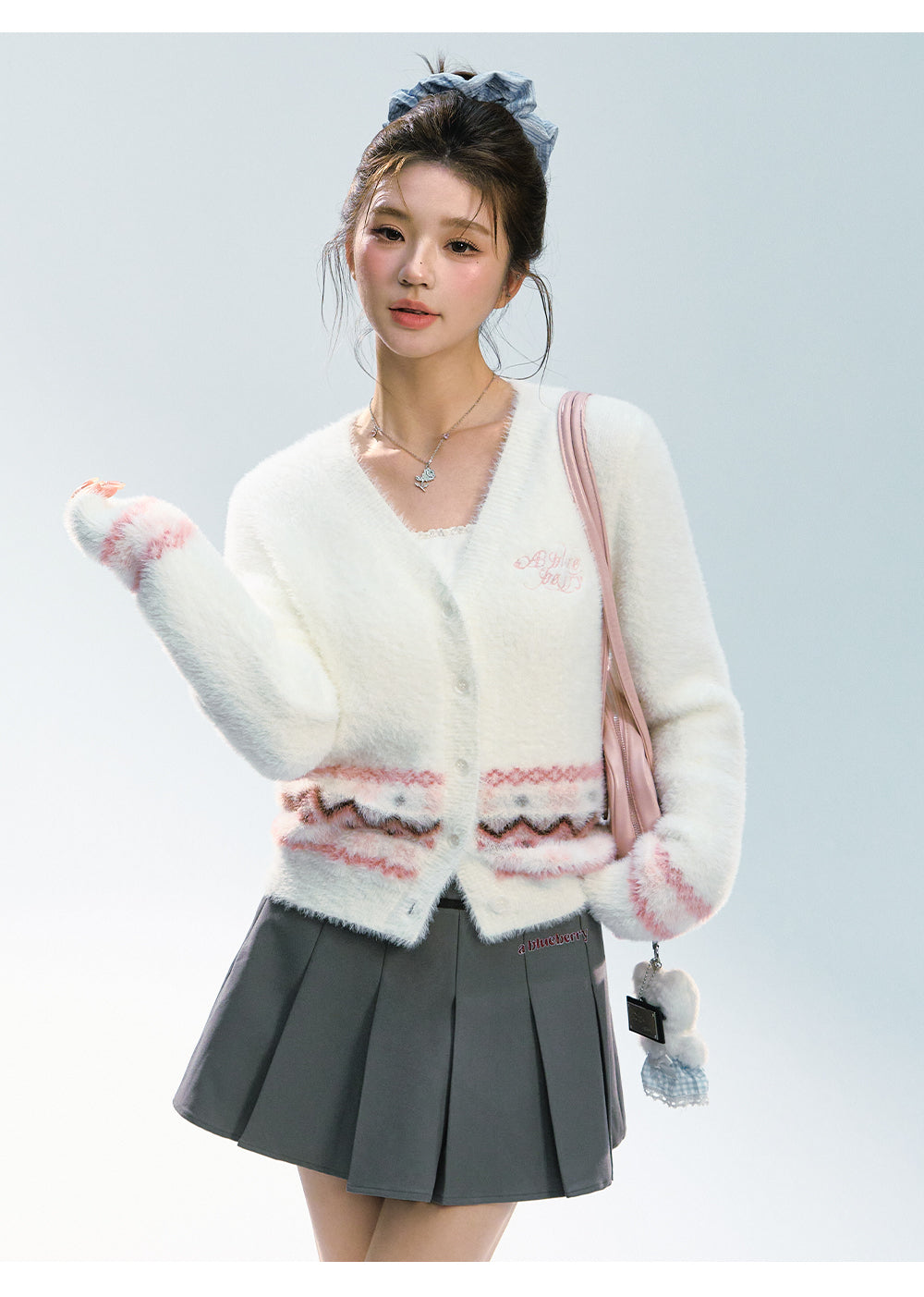 ABLUEBERRY [Tian Xiwei Style] Blueberry velvet scarf cardigan, Korean sweet style Fair Isle sweater