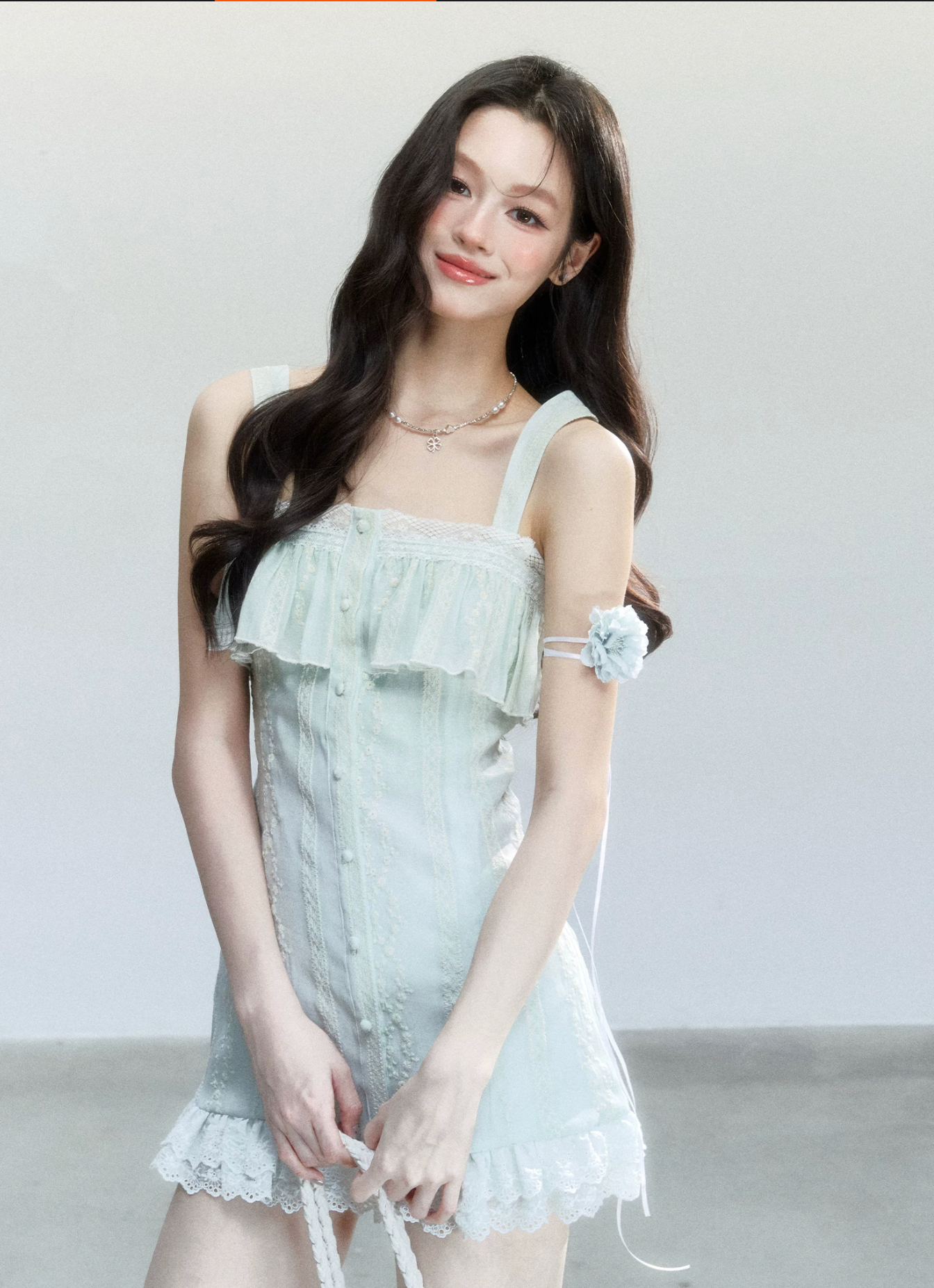 Fragile Heart Korean-style embroidered hollow out dress in white tea color for spring