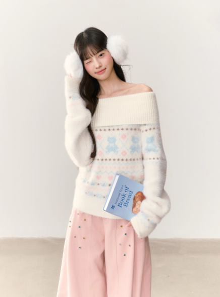 UMOUMO Sweet Mushroom Mink Fur Bear Two-way Off-the-shoulder Pullover