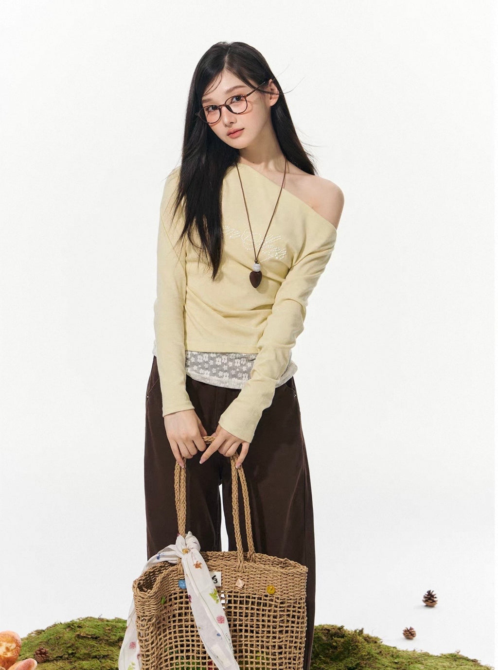 Korean style long sleeve off-the-shoulder diamond lace design T-shirt for women autumn ELEVEN SLEEP