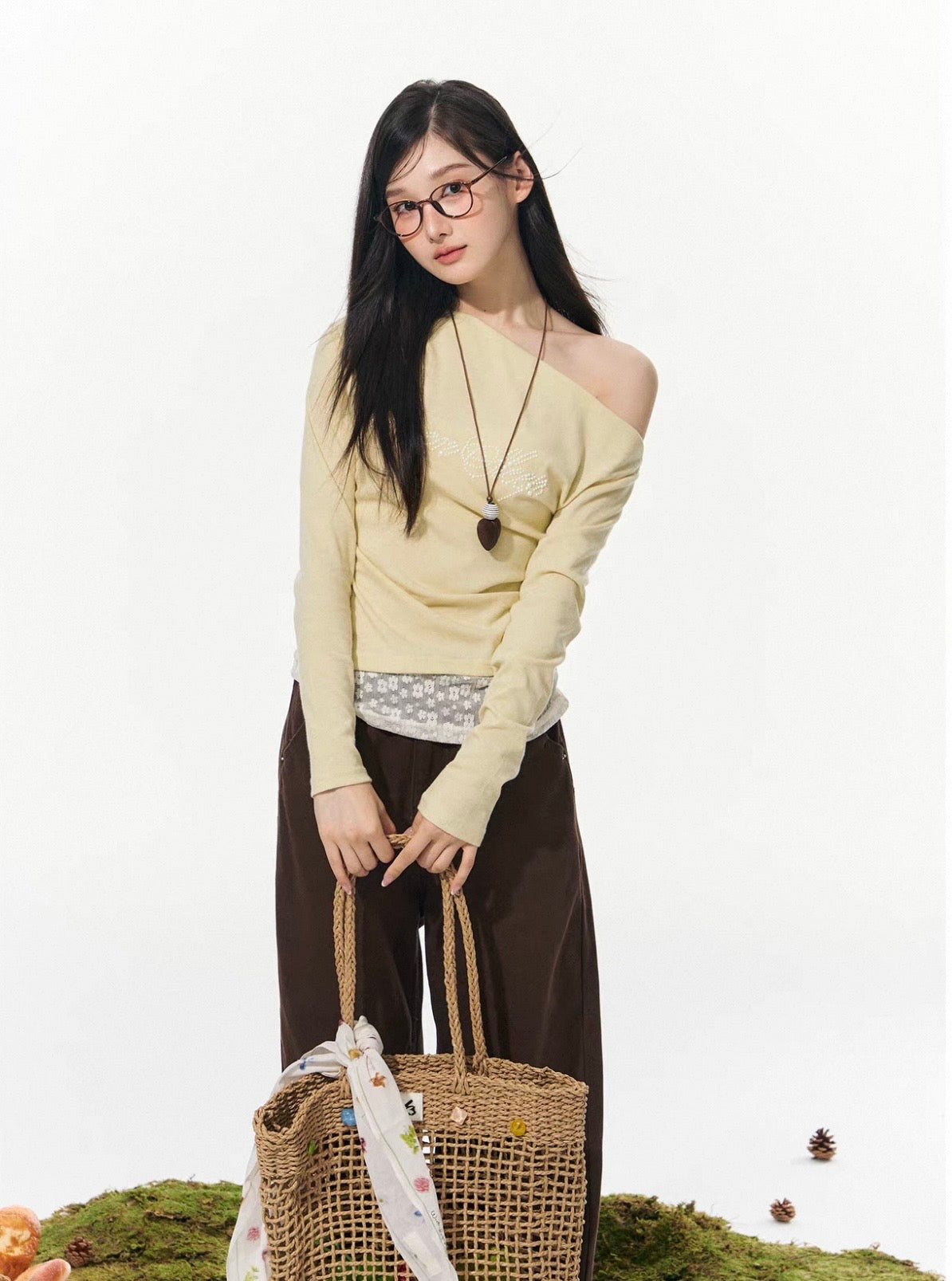 Korean style long sleeve off-the-shoulder diamond lace design T-shirt for women autumn ELEVEN SLEEP