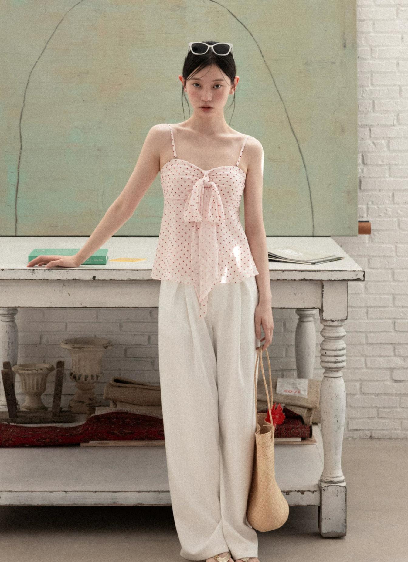 CANTON STORY Yangcheng Story women's pink, polka dot, and bow French sleeveless tank top