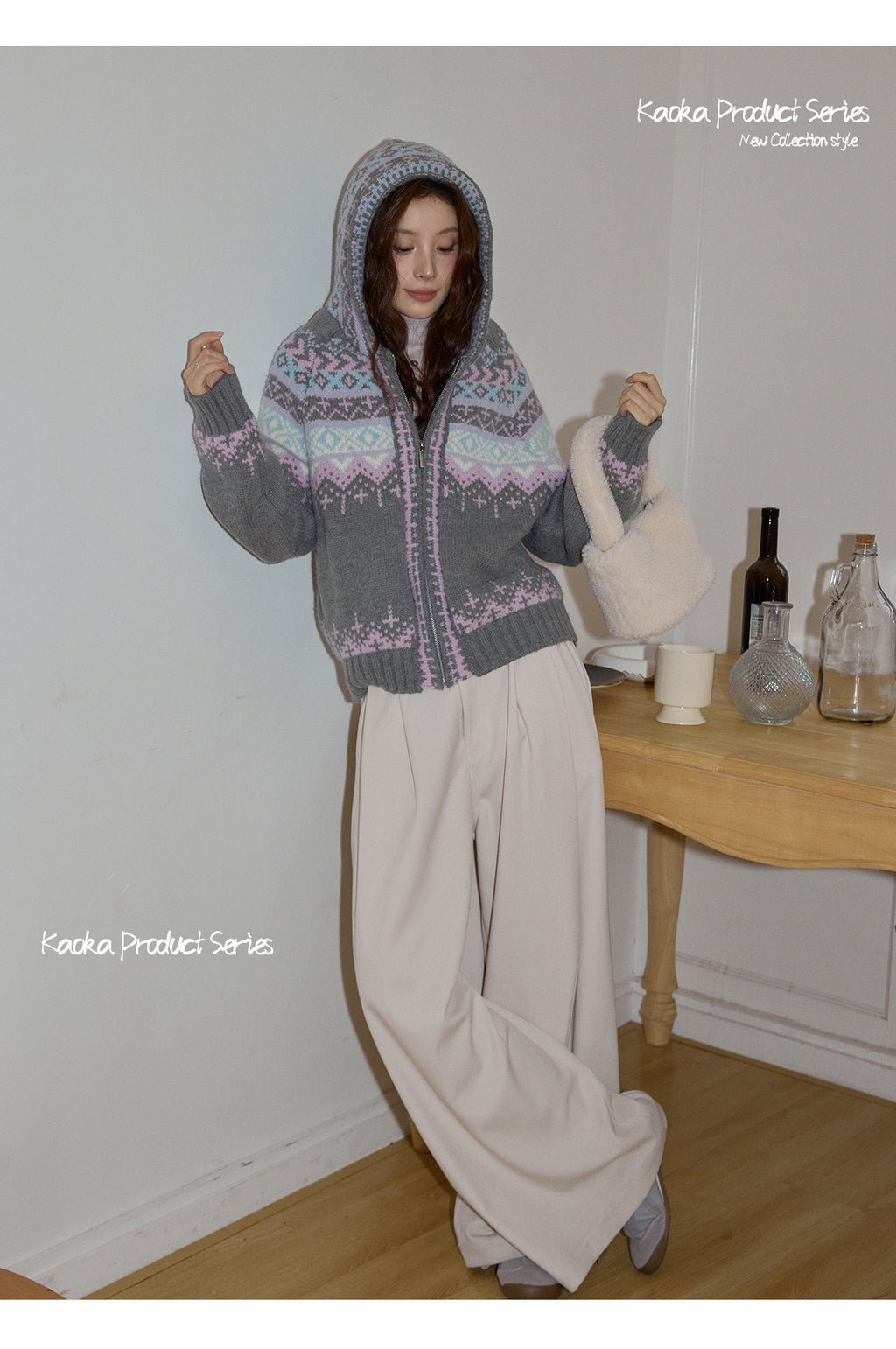 KAOKA Chaochao Fair Isle Beige Christmas Hooded Sweater Women's Long Sleeve Thick Sweater