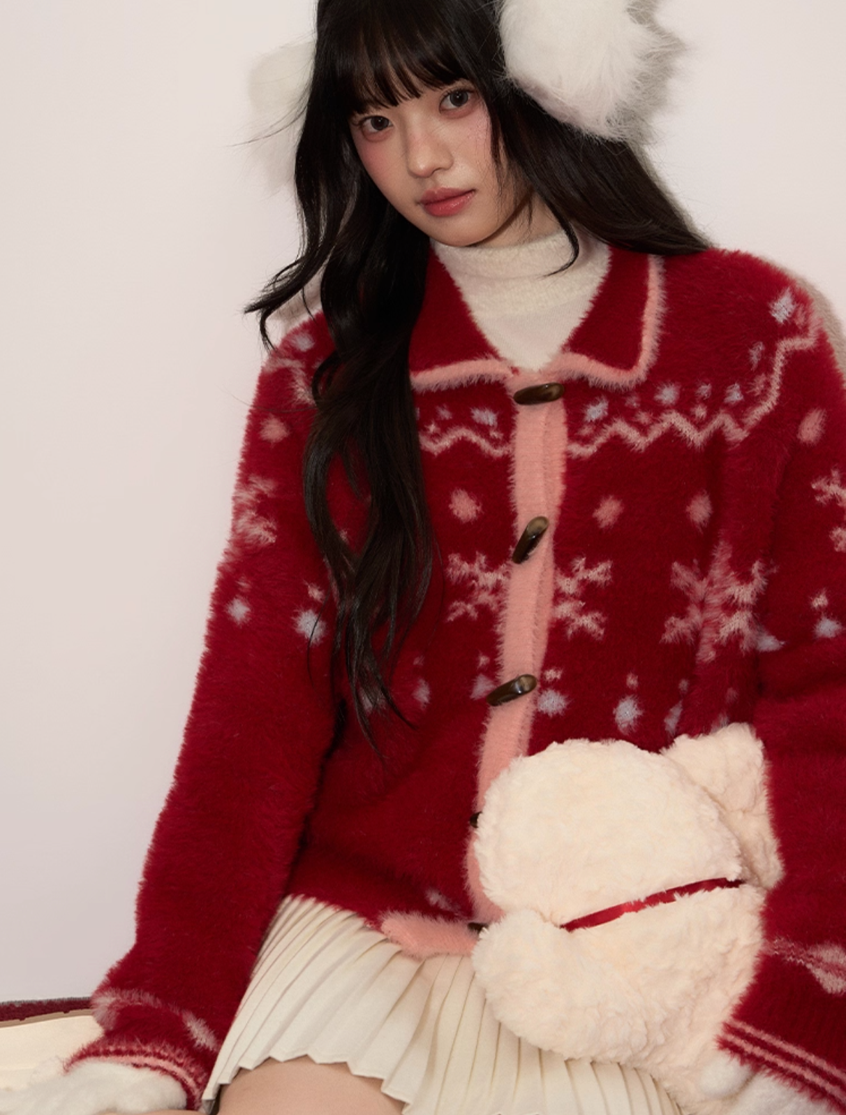 UMOUMO [Christmas & New Year Collection] Umoum Fair Isle Snowflake Mushroom Soft and Versatile Red Faux Mink Cardigan