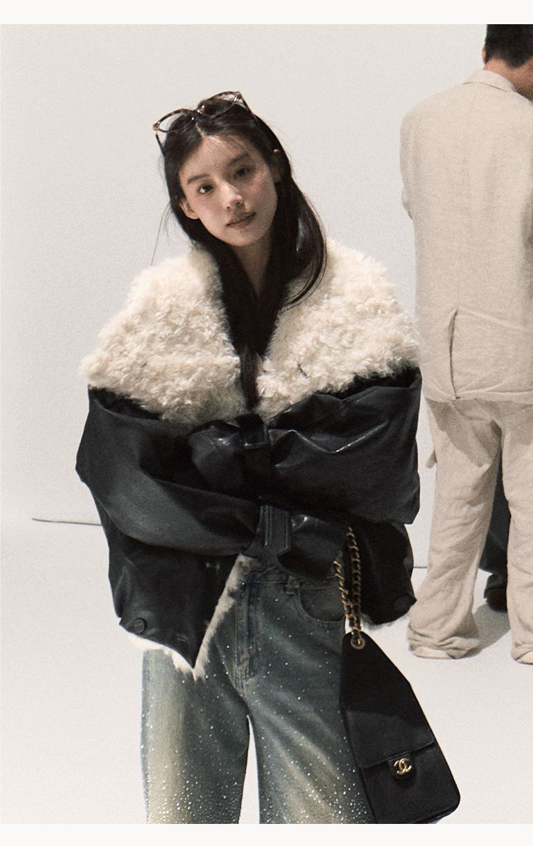 OAKMOO "One Night Osmanthus Tree" Women's Soft Fleece Short Leather Jacket Thick Lapel Winter