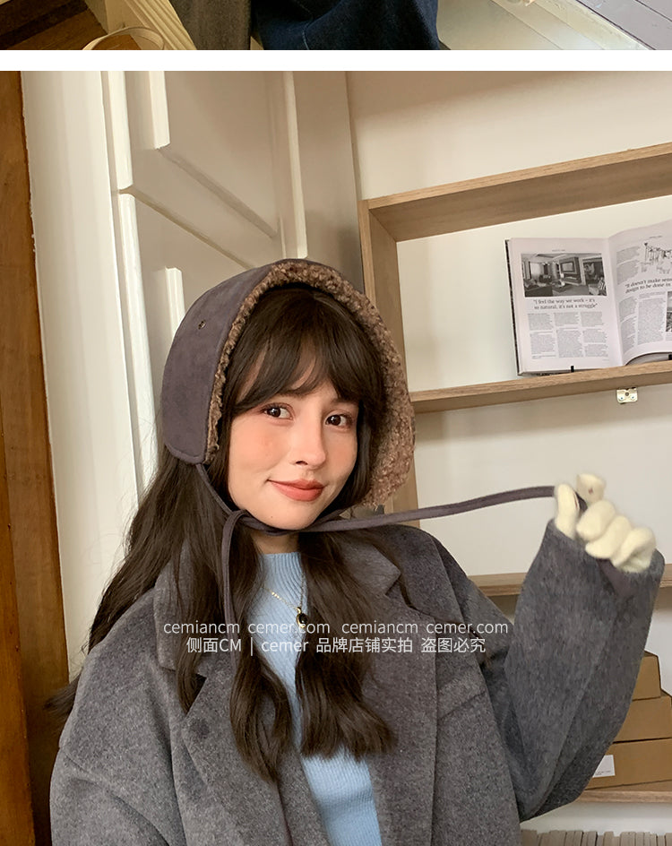 Zhang Yuanying style women's fleece earmuffs, perfect for cycling, warm and comfortable in winter.