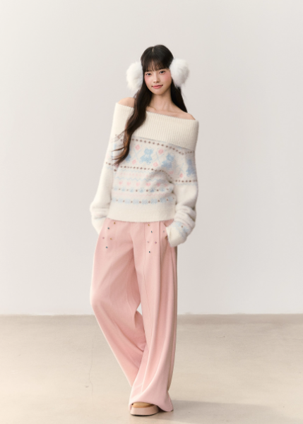 UMOUMO Sweet Mushroom Mink Fur Bear Two-way Off-the-shoulder Pullover