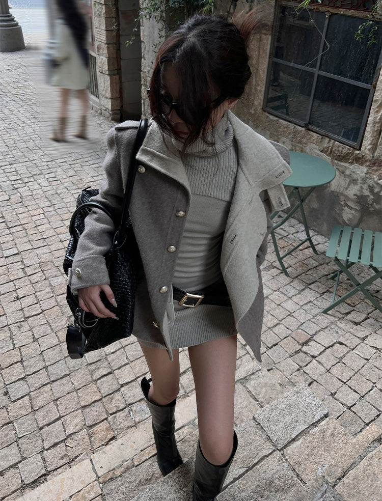 Hytemoly wool blend double-sided contrast wool coat classic loose fit, loose and airy short woolen tweed coat