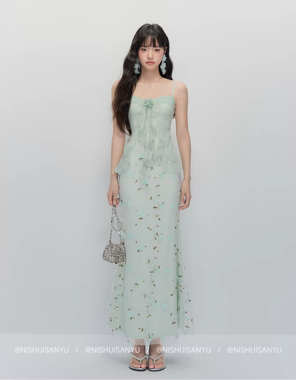 NSSY NSSY two-piece long dress with three drowned fish pattern, green, chiffon material, 3D floral pattern