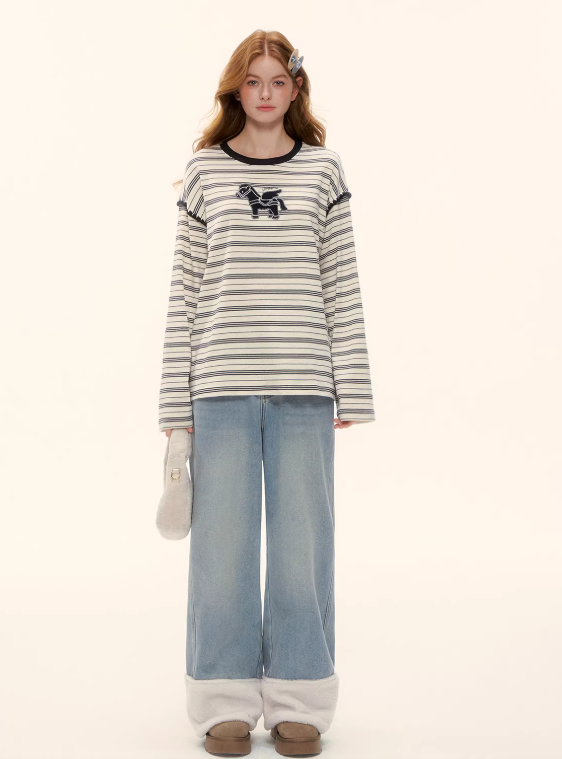 AsGony wide-leg straight jeans with fleece lining at the hem - Wide fit, flattering, comfortable, versatile, fleece-lined long pants.