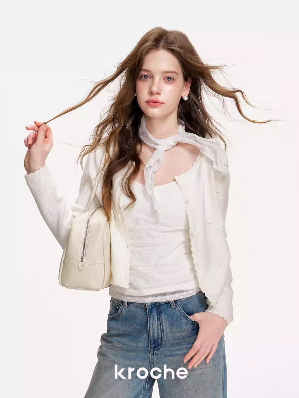 KROCHE Sunshine Whisper 26SS wavy lace long-sleeve cardigan, cutout, wool blend