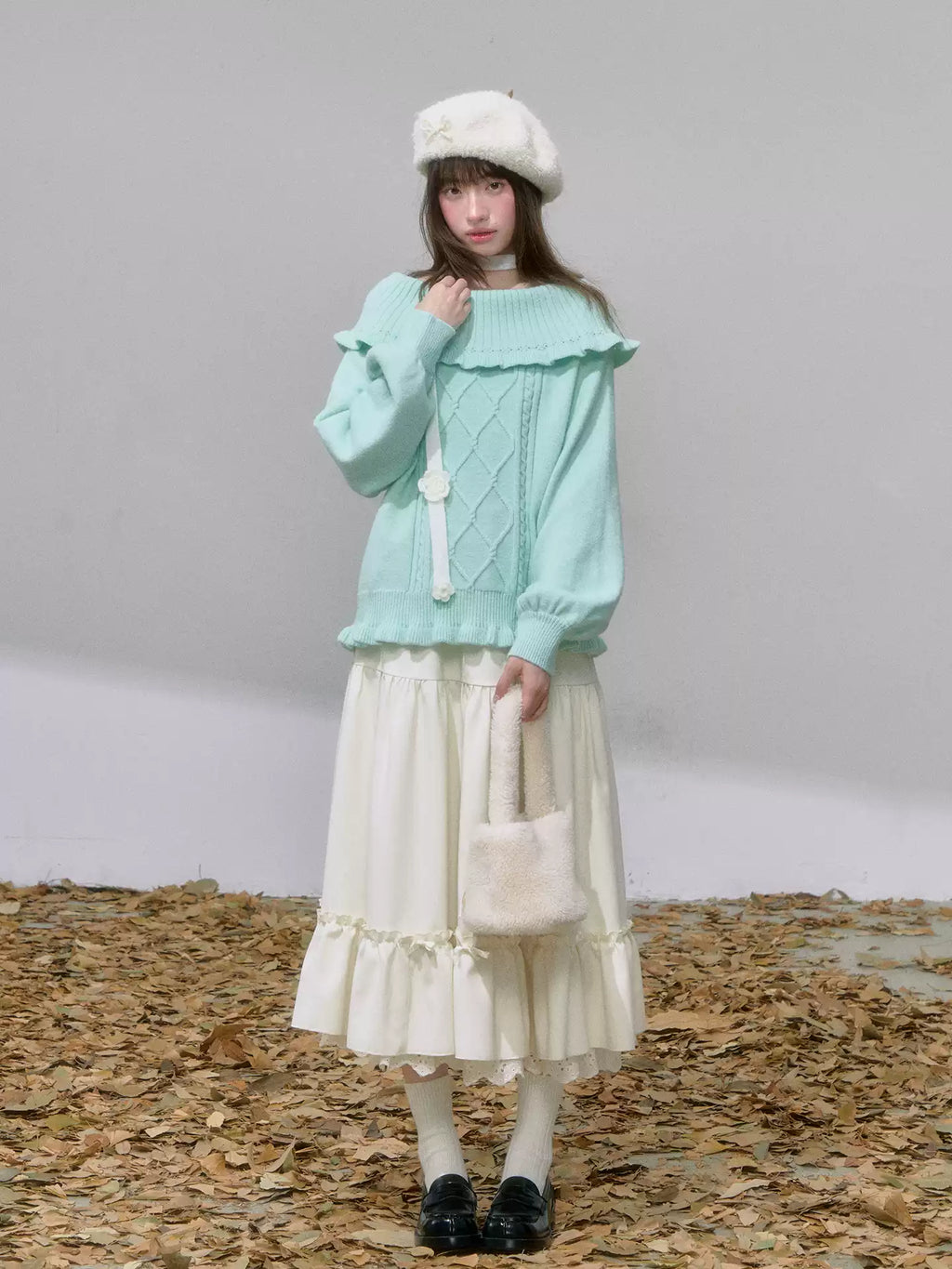 CANSTOREGIRLS Canned Goods Store Women's Mint Green Winter Off-the-Shoulder Rope Knit 'Mint Cloud Poem'