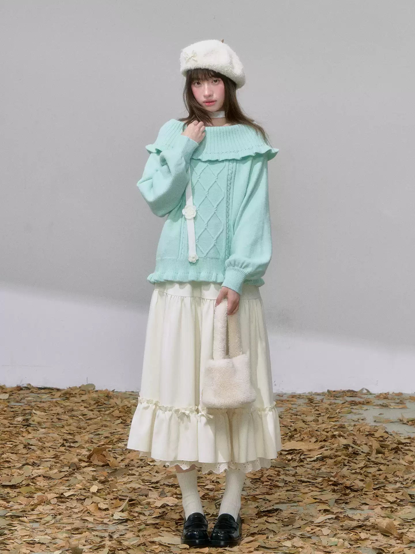 CANSTOREGIRLS Canned Goods Store Women's Mint Green Winter Off-the-Shoulder Rope Knit 'Mint Cloud Poem'