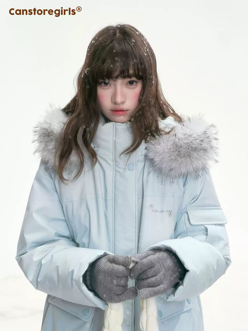 CANSTOREGIRLS Canned Goods Store 'Winter Love Song' Hooded Parka with Detachable Fur Collar, 90pcs White Duck Down Jacket