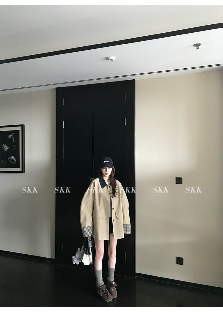 SKK High quality khaki jacket with multi-color plaid pattern, short and loose fit, autumn style for women.