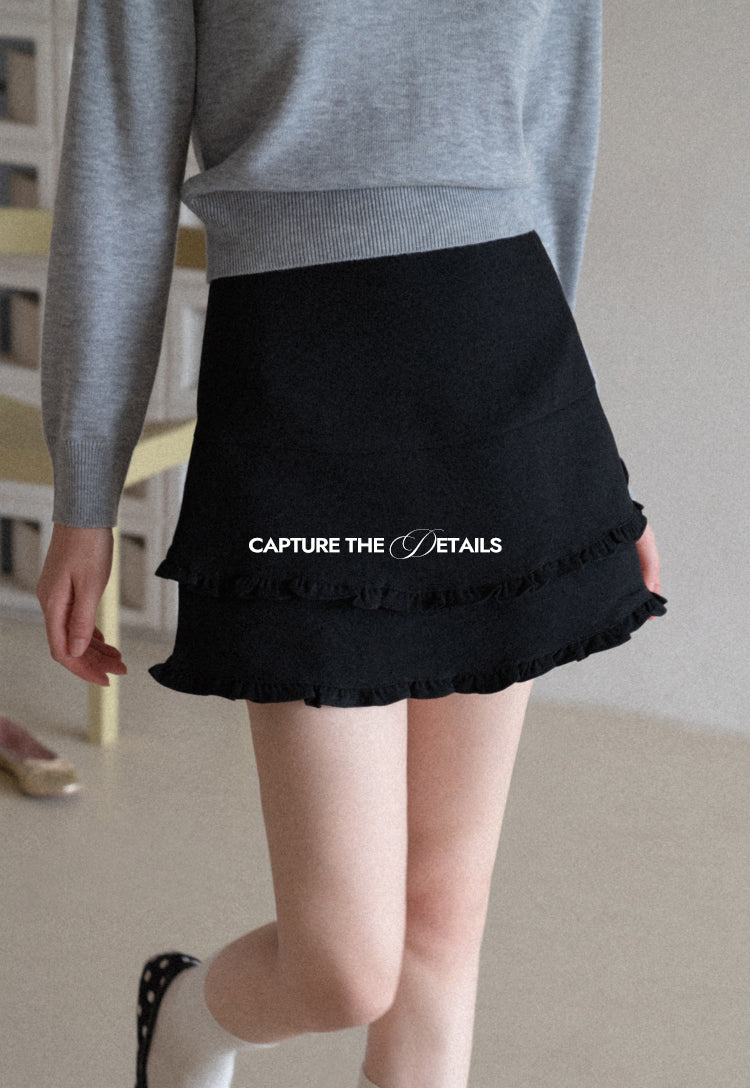 French style two-layer ruffled A-line dress for early autumn, high waist, body-hugging, anti-revealing EGGKA