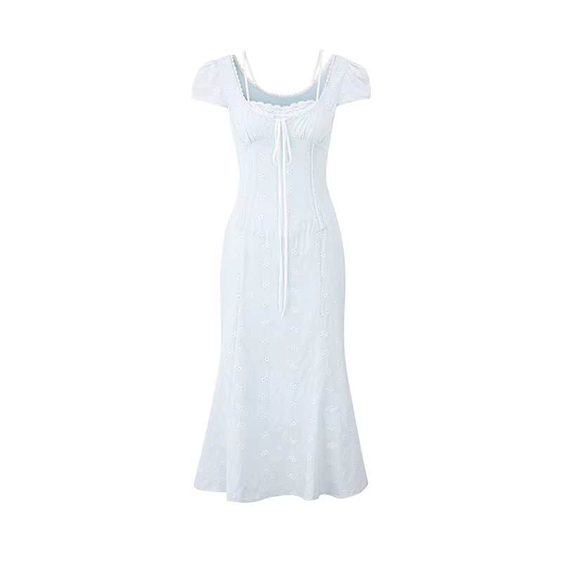LaluneDuCiel Pure cotton long/short dress with square neck, slim waist, lace for women, suitable for spring