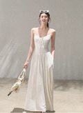 OAKMOO "The Passing Flower Shop" - Backless maxi dress, Bohemian Resort style, vinyl jacquard material, fitted waist.