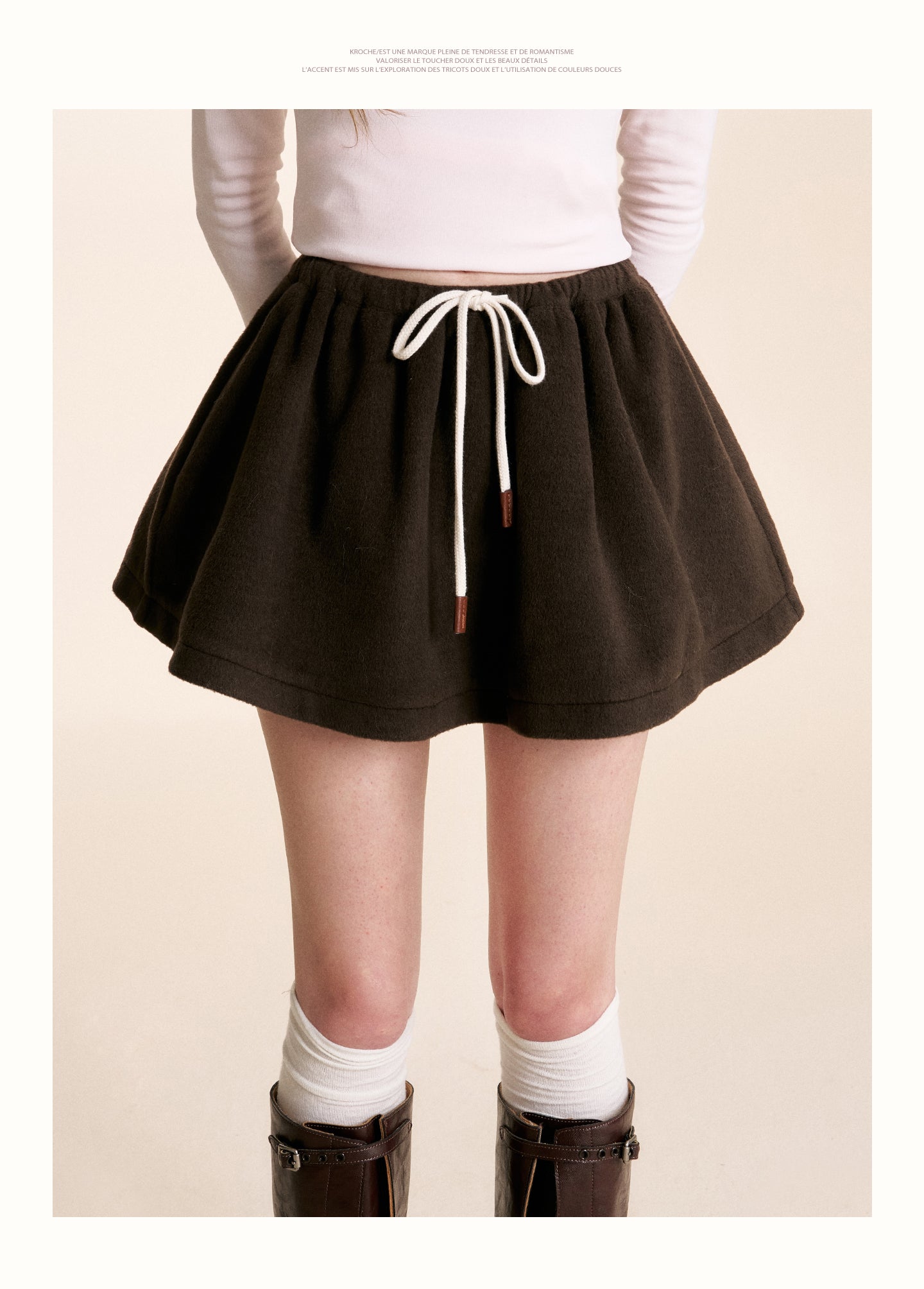 KROCHE A-line mini skirt with drawstring in dark chocolate wool blend color block 25aw