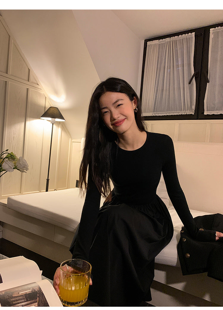 High-end long-sleeved dress for women with slim waist and Hepburn style Pusumede long dress