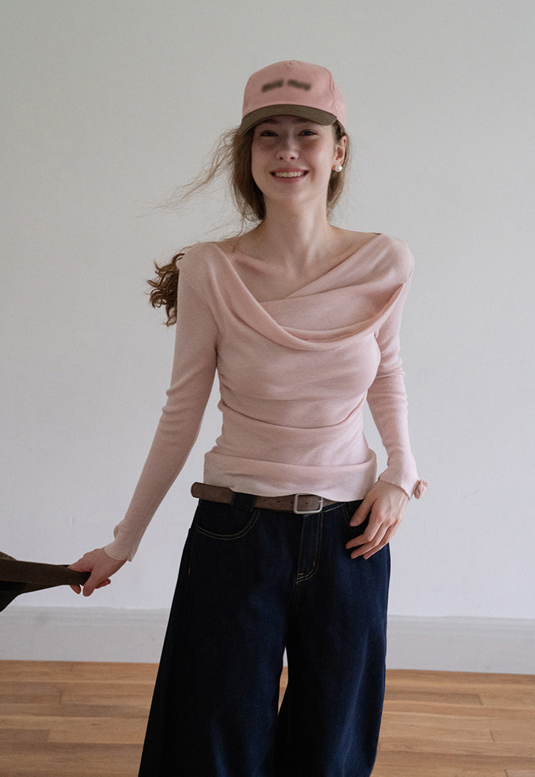 EGGKA Women's Pink French Style Off-the-Shoulder Long Sleeve Sweater, perfect for fall, makes you slim and elegant.