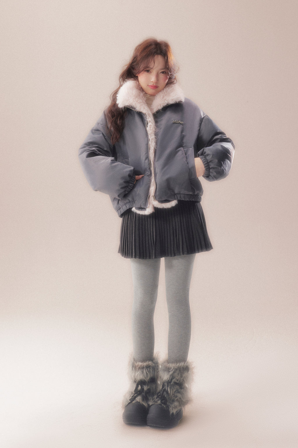 AOORAA 【Winter New Arrival】Original Design Patchwork Fleece Jacket "Cherry Blossom Snow"