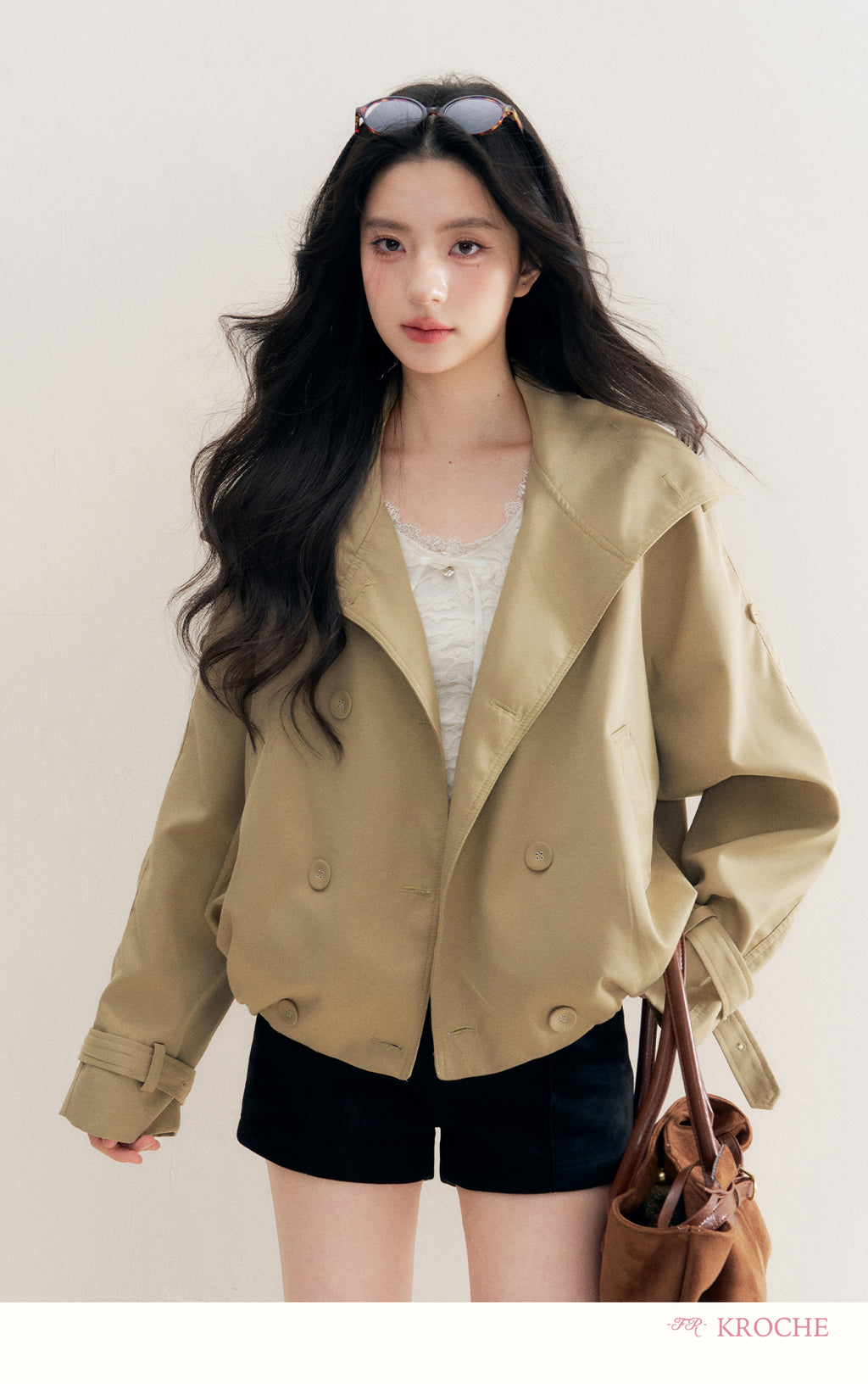 KROCHE Loose-fitting short trench coat, large lapels, double-breasted, loose-fitting, comfortable