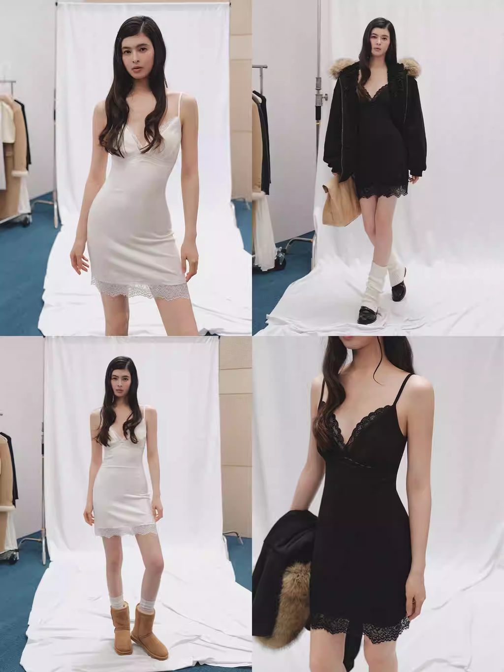 LaluneDuCiel Sexy French V-neck slip dress for women, lace trim, perfect for layering in winter, short, tight fit.