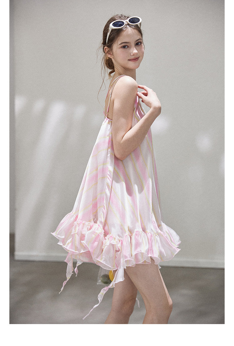 "Liuli Tangyu" Short, ruffled pinafore dress in a resort style, featuring a neon ombre Callmelater design.