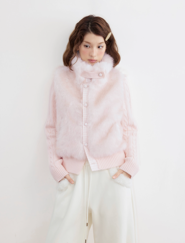 UMOUMO Korean style umoumo patchwork knitted faux mink cotton short coat slimming original design